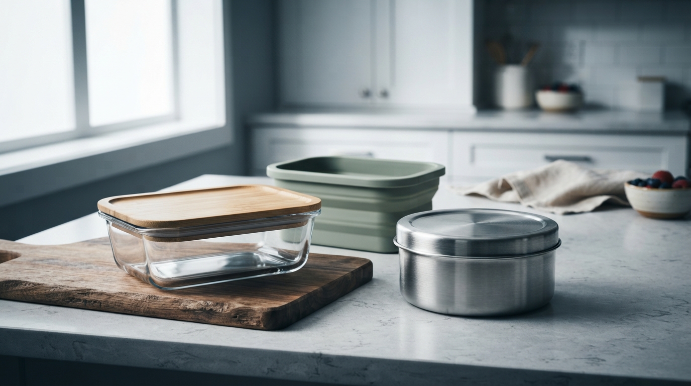 Editorial illustration for Glass, Steel, or Silicone? Matching Plastic-Free Food Storage to Your Actual Kitchen Tasks